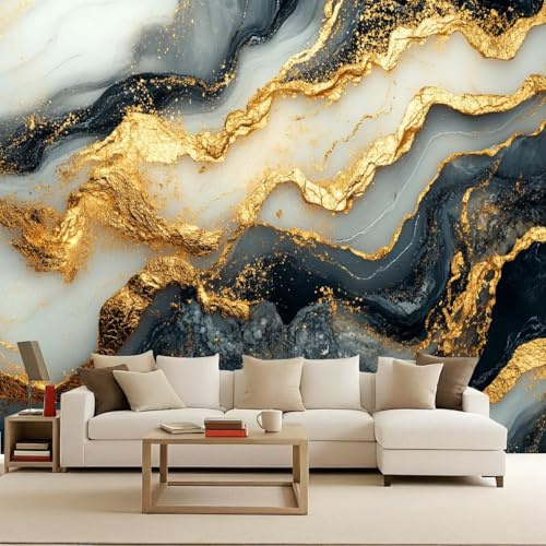 Papier Peint Intissé Photo Mural 200x140 cm 3D Doré Marbre Géométrie Rayures Motif Muraux Geant Mat Poster Personnalisable Wallpaper pour Salon Cuisines Bureau Chambre d'enfants Décor Murale