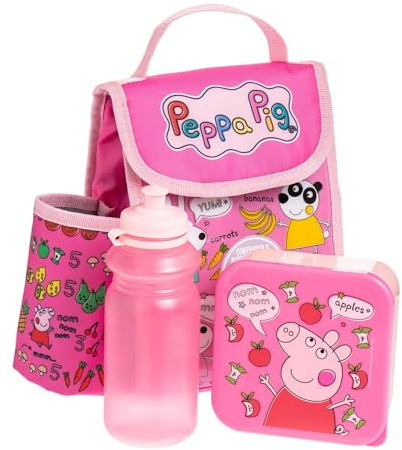 Peppa Pig Kids Lunch Bag Set with Bottle and Containers - Insulated Bag 3 Pcs Set for Girls- First Lunch Bag for School BPA Free -Leakproof for Travel, School, Pink