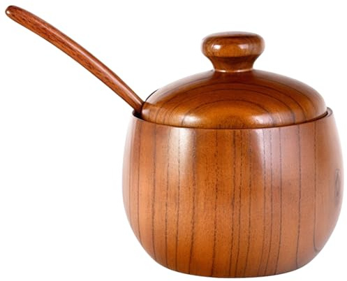 Sturdy Acacia Wood Seasoning Bowl with Lid and Spoon, Chic Round Design, Ideal for Spice Storage, Kitchen Use, Includes Small Wooden Spoon for Convenience
