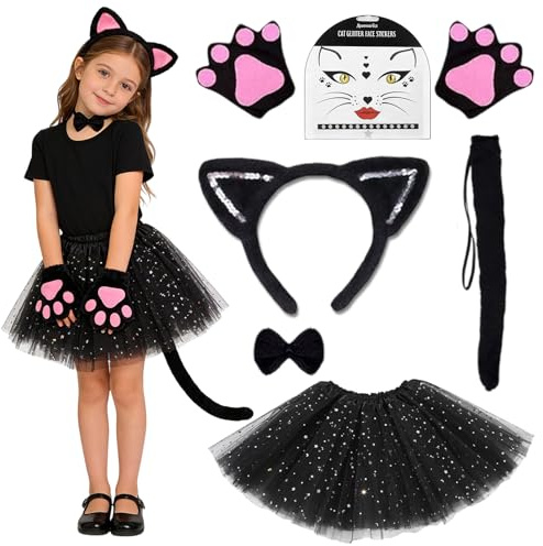 Eymobad Costume de Chat Pour Enfants, Ensemble de 5 Pièces pour Carnaval, Tutu, Jupe en Tulle, Bandeau avec Oreilles de Chat, Queue, Cravate