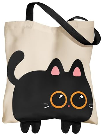 VOYANTE Schwarze Katzen Tote Bag, Stoffbeutel Bedruckt, Aesthetic Baumwolltasche, Wiederverwendbar Einkaufstasche, Geschenke für Katzenliebhaber, Frauen, Freund, Gute Freundin