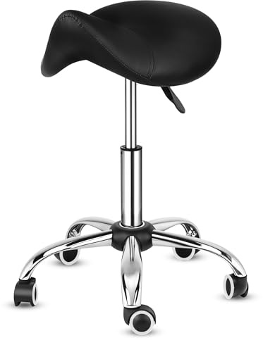 Bayt Tabouret Selle de Cheval Ergonomique – Tabouret à roulettes Professionnel Réglable en Hauteur – Siège Assis-Debout pour Bureau, Dentiste, Tatouage et Massage – Tabouret Roulette Confortable–Noir