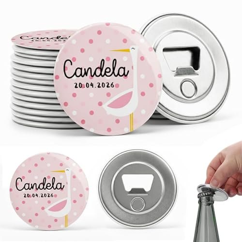 MISS CHAPAS | Pack 20 Abridores Magnéticos Personalizados Bautizo Cigüeña Rosa – Detalle Invitados Bautismo Bebé Niña | Recuerdo Original y Útil | Presentación Individual Lista para Regalar