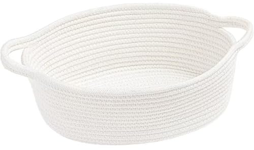 Woven Basket, White Rope Storage Basket with Sturdy Handles, Woven Storage Basket for Home Organisation, 30 x 20 x 12 cm