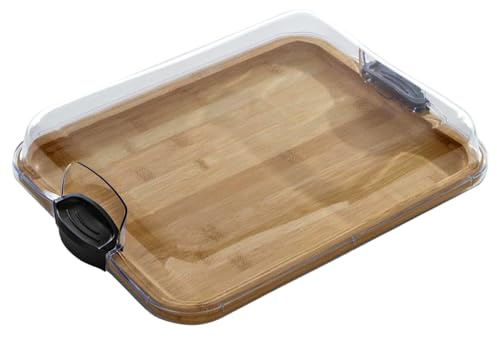 Tagliere in bambù 2 in 1, taglieri per salumi reversibili con coperchio trasparente con chiusura e manici neri per verdure, frutta e salumi, snack, tagliere con coperchio