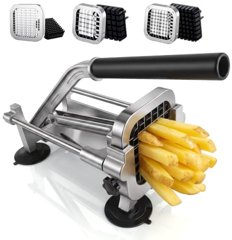 Tagliapatate manuale francese con 3 lame in acciaio inox (0,6 cm, 1 cm, 1,3 cm), taglia patatine fritte professionale con base a ventosa, affettatrice per patate, carote, cetrioli