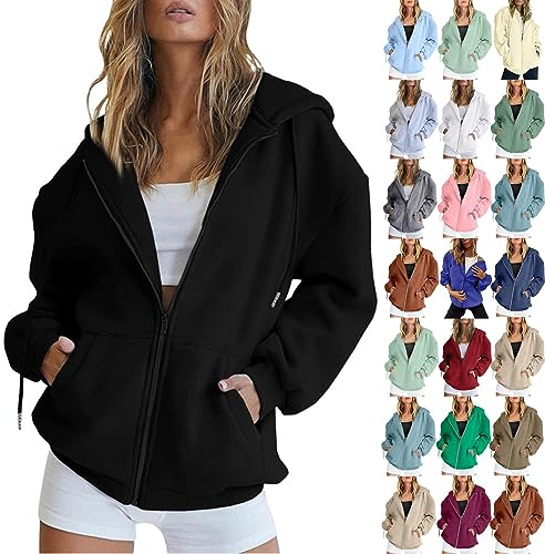 Generico Felpe Nero con Cerniera Donna Oversize Morbida Senza Stampa Hoodie con Cappuccio Tasche Frontali Manica Lunga Indossabile Aperto Abbigliamento Leggero per Palestra e Uscite in Città Tagile L