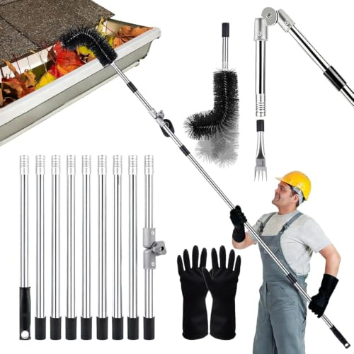 Gutter Cleaning Tools, 4M Length Adjustable Gutter Cleaning Pole | With Gutter Scoop,Aluminum Alloy Joint, Adjustable Angle,for Removing Leaves,Debris & Spider Webs from Gardens Ditches Villas