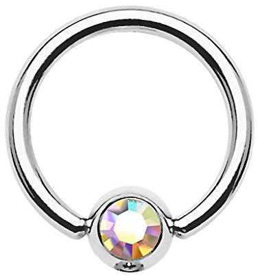 Piercingfaktor BCR Ring Piercing Brust Nippel Lippe Nase Septum Tragus Ohr Helix Intim Perle mit Zirkonia Strass Kristall Rainbow Silber 1,2mm x 8mm x 3mm