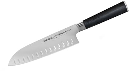 SAMURA MO-V Profi Santokumesser Ultra-scharf, groß, aus japanisch AUS 8 Edelstahl, 18 cm Klinge, mit G10 Handgriff aus Carbon, Küchenmesser, Allzweckmesser