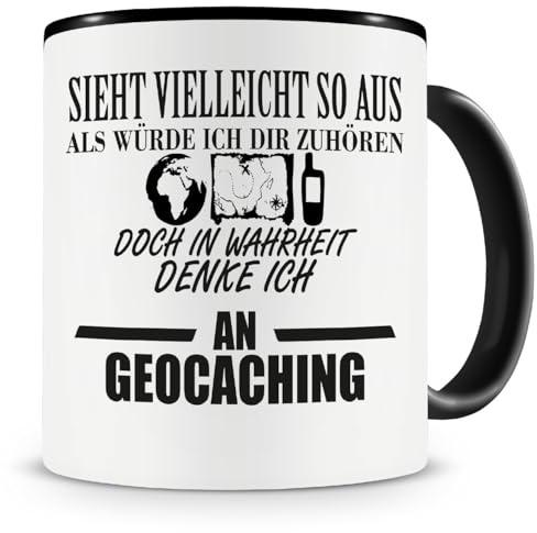 Samunshi® Ich denke an Geocaching Tasse Kaffeetasse Teetasse Kaffeepott Kaffeebecher Becher 300ml schwarz