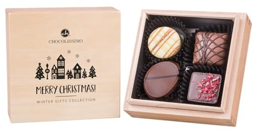 CHOCOLISSIMO - Cadeau Chocolat - 4 Chocolats Faits à la Main dans une Boîte en Bois, sans Alcool - Chocolat Noël, Cadeau Noël - pour Enfants, Femmes, Hommes, Parents, Fille, Garçon - Xmas