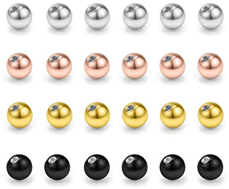 JFORYOU 24 Stk 1,2mm 3mm Piercing Ersatzkugel Kugel für Gewinde aus 316L Chirurgenstahl Silber, Schwarz, Gold und Rose Gold