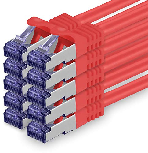 1aTTack.de Cat.7 Netzwerkkabel 5m - Rot - 10 Stück - Cat7 Patchkabel (SFTP/PIMF/LSZH) Rohkabel 10 Gb/s mit Rj 45 Stecker Cat.6a - 10 x 5 Meter Rot