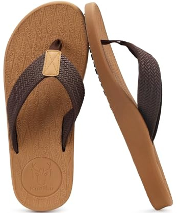 KuaiLu Mens Flip Flops Arch Support Thong Sandals Leather Walking | Comfortable Cushion Waterproof Lightweight Yoga Foam Summer Beach Slip on Slippers