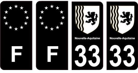 33 Gironde noir autocollant plaque immatriculation auto sticker Lot de 4 Stickers - Angles : arrondis
