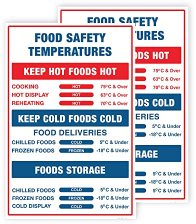 Pack of 2 Food Safety Temperature Sticker (200 x 300mm) Self Adhesive Wtaerproof Food Safety Signs Stickers for for Kitchen Signs Health and safety Sara Prints®