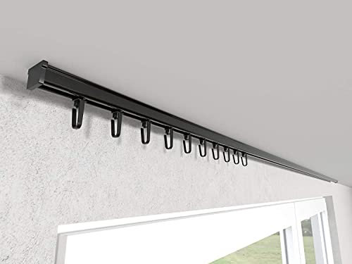 Market-Alley Vorhangschiene Aluminium Weiß/Schwarz Gardinenschiene ; C 1-läufig ; 120cm-600cm. Für Kräuselband Gardinen oder Schiebevorhang (Schwarz Gardinenschiene mit Faltenlegehaken ; 480cm)