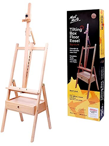 Mont Marte Signature Neigbare Box Boden Staffelei Buchenholz, hält Leinwände bis zu 92 cm in der Höhe, Winkelverstellung, stabile Basis, integrierte Schubladen für Kunstbedarf, Künstler-Malstaffelei.