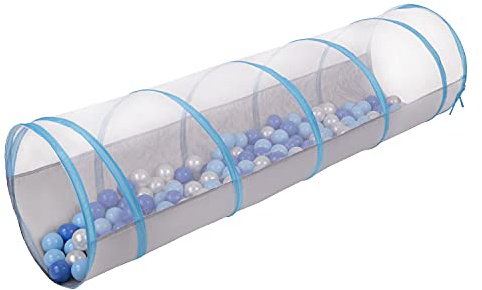 Selonis Spieltunnel Für Kinder Mit 100 Bälle Pop Up Krabbeltunnel Mit Bällen Drinnen Und Draußen, Grau-Blau:Babyblau/Blau/Perle