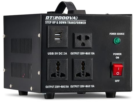 CREWORKS 2000W Transformador de Voltaje, Transformador 220V a 110V O 110V a 220V, Protección de Fusible Incorporada, Enchufe de UE a EE. UU. con Salida Universal y de EE. UU. Puertos USB de 5 V
