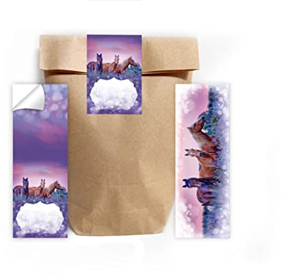 Junapack 12 Lesezeichen + 12 Geschenktüten (Natur) + 12 Aufkleber Pferd lila Mitgebsel Gastgeschenk beim Kindergeburtstag Mädchen