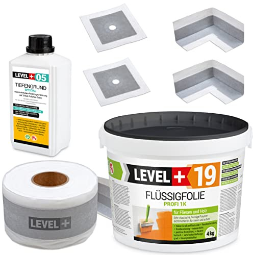 Dichtset Flüssigfolie 4Kg Auf Holz Fliesen, 2 Innenecken, 2 Wandmanschetten, 5m Dichtband, Tiefengrund 1L Abdichtungsset Dusche Bad Küche SET509