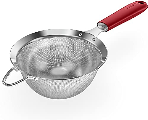 18/8 Stainless Steel Mesh Strainer: U-Taste 5.5 Inch Kitchen Fine Mesh Sieve Food Colander with Riveted Sturdy Silicone Handle and 30 Mesh Hole for Straining Flour, Pasta, Fruit, Quinoa (Red)