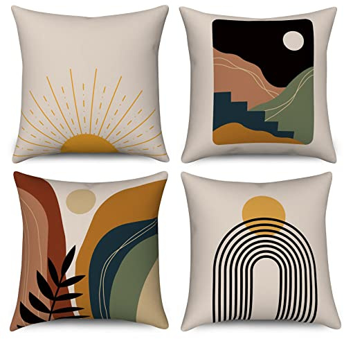 Hnmdmyi Funda de Cojín Boho 50x50 Juego de 4, Abstracto Sol Puesta del Sol Salida del Sol línea Arco Iris montaña Decorativa Almohada Cubiertas Naturaleza Paisaje Arte Moderno Lino Almohada Cubierta
