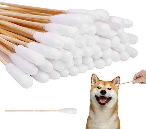 Vaktop Hunde Wattestäbchen, 50 Stück Haustiere Ohrreiniger Lang (12cm) | Ohrreinigungsstäbchen Haustier mit Breiter Kopf, für Haustiere Hunde, Katzen