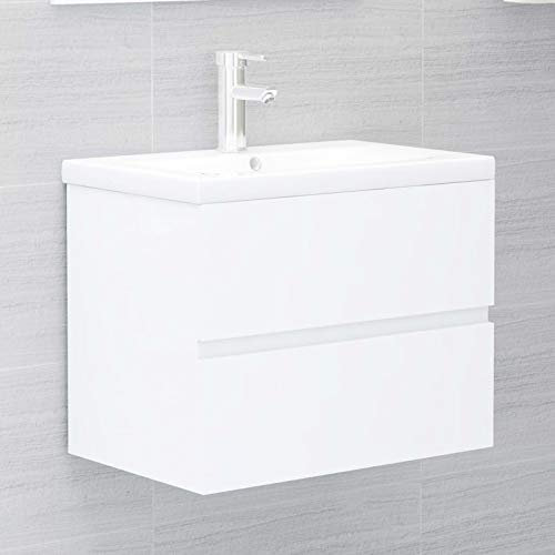 Homgoday Meuble de salle de bain avec lavabo intégré blanc en panneaux de particules, Buffet Armoire de sol pour salle de bain, meuble de rangement étagères, armoire de rangement 60 x 38,5 x 45 cm