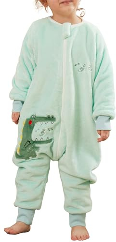 Maeau Baby Schlafsack Flanell mit Füßen Beinen Winter Mädchen Schlafstrampler Langarm Kinder Junge 4 5 Jahre Spielanzug Kleinkind Strampler Romper Pyjama Jumpsuit Tiere Reißverschluss Onesies Grün