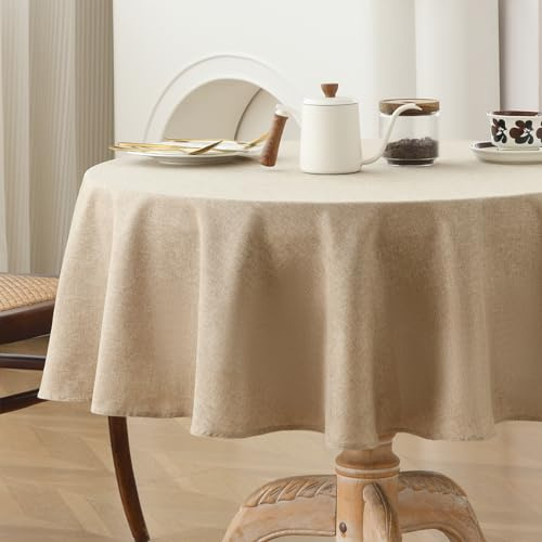Wracra Tischdecke Abwaschbar Rund 120 cm, Tischdecke Kaffee Leinenoptik | Bauernhaus Tischdecken, Knitterfreie, Wasserabweisend, Maschinenwaschbar, Garten, Esszimmer, Feiertage, Party, Wohnkultur