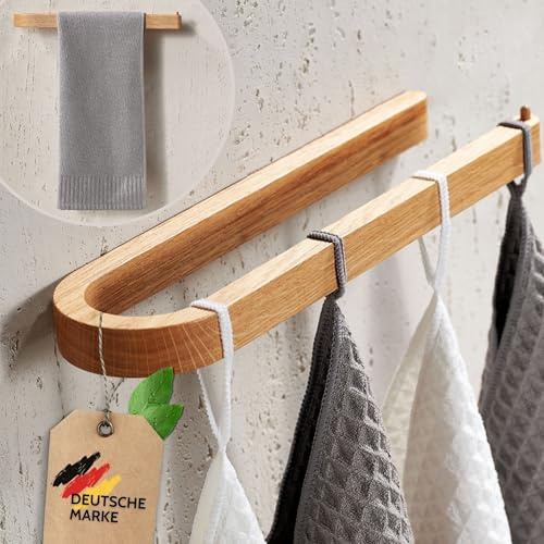 DEKAZIA® Handtuchhalter Holz Eiche ohne Bohren, Handtuchstange Wand | Handtuchleiste, Handtuch Halter, nachhaltig, wahlweise kleben, für Bad & Küche, Eichenholz