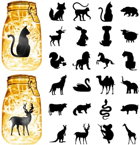CREATCABIN 24 pz Sagome di Animali Barattolo di Vetro Decor PVC Taglio Laser Animali Domestici Scrapbook Cartone Lanterna Solare Ritagli Appesi Ornamenti per Lanterna Finestra Vetro Smerigliato 10x9cm