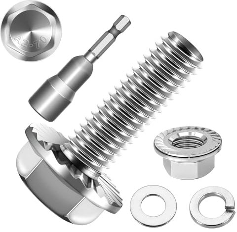 10 viti esagonali M6 x 16, viti a flangia, in acciaio inox A2 V2A, esagono esterno, filettatura completa, rondelle, anelli a molla e dadi/viti con punta esagonale magnetica