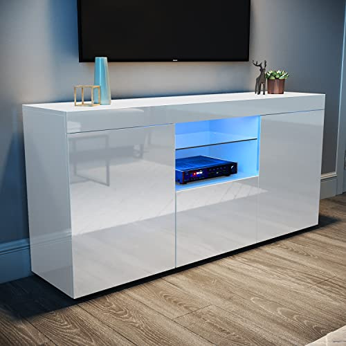 ELEGANT 135cm LED TV Unit High Gloss Modern TV Stand Cabinet with Ambient RGB Lights for 32 40 43 50 52 55 inch 4k TV Living Room and Bedroom Furniture with Storage, White