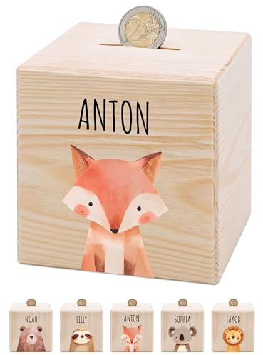 Bärenfreunde® - Personalisierte Spardose Kinder aus Holz mit Metallschloss - Spardose mit Namen mit kinderfreundlichem UV-Druck zum Sparen für Kinderträume (Fuchs)