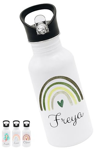 Bärenfreunde® - Personalisierte Trinkflasche Kinder Edelstahl [ 500ml ] - Robuste Trinkflasche mit Namen - Wasserflasche mit Trinkhalm - Personalisierte Geschenke für Kinder (Regenbogen grün)