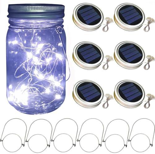Lot de 6 guirlandes lumineuses solaires à 30 LED pour couvercles de bocaux Mason Jar en verre, guirlandes lumineuses avec crochets (sans bocaux)