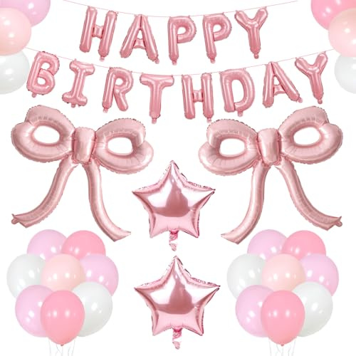 YTHETM Bow Party Decorations Pink Happy Birthday Balloons Banner Pink Birthday Decorations Bow Balloons for Women Girls Birthday Decor Party Supplies