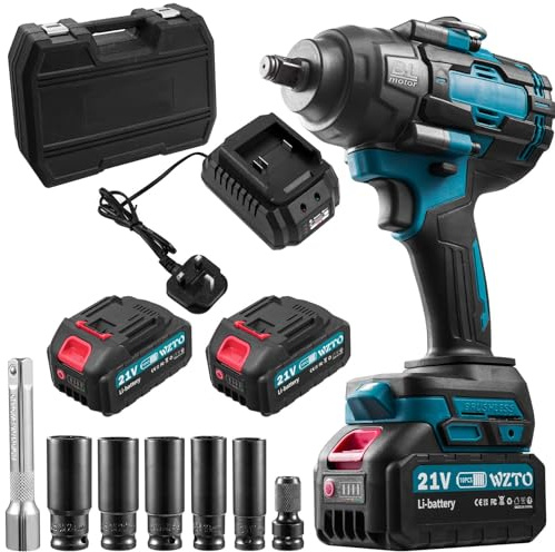 Ankishi Cordless Impact Wrench 21V, 1/2 Brushless Impact Gun with 2x4.0Ah Batteries & Charger, Torque Power Impact Driver w/Max Torque (1300N.m) 0-3800RPM, 5 Pcs Sockets and Tool Box Kit for Car