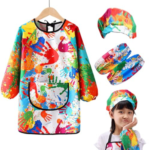 Bata Pintura Niños Delantal Infantil Colorido con Bolsillo, Delantal Pintura Conjunto Escolar, Escolares Impermeable con Mangas y Bolsillo Grande Pintura Blusa para Manualidades, Pintura, Cocina