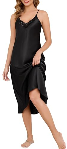 Vlazom Sottoveste Donna Raso Lungo Camicie da Notte da Donna in Pizzo con Scollo a V Senza Maniche Spallacci Regolabili Nightwear S-XXL