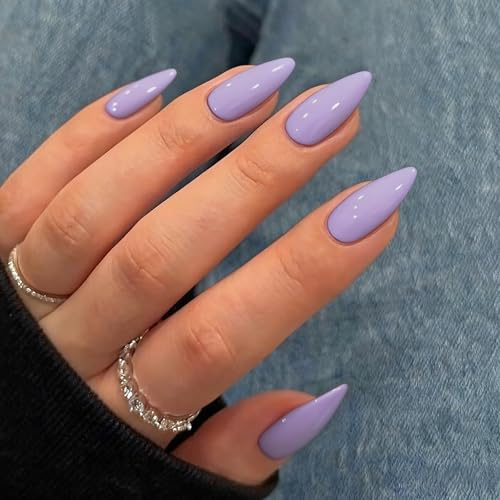 SXVME 48 Pcs Lilac Press on Nails Almond Medium Acrylic False Nails Medium Stiletto Natural Fake Nail Set Elegant Solid Color Full Cover Glossy Gel Stick on Nails for Women Daily Wear