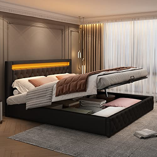 Kehun Polsterbett Doppelbett 140x200 mit LED-Kopfteil, Hydraulisches Stauraumbett mit Stauraum, Bett Bettgestell mit Hydraulische Metallrahmen und Lattenrost aus Holz, Schwarz, PU, Ohne Matratze