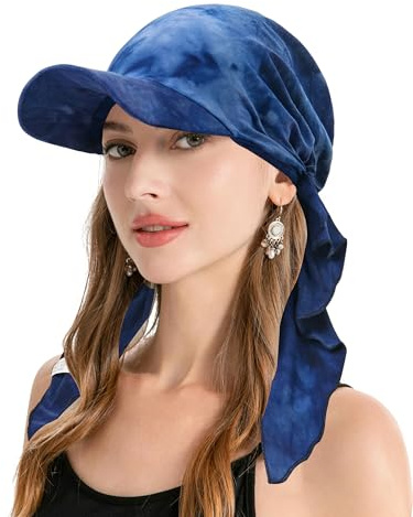 ZLYC Chemo-Kopfbedeckung für Damen, Krempe, Visier, Kopftuch, vorgebunden, leicht, Totenkopfkappe, Batikfärbung, Marineblau, Einheitsgröße