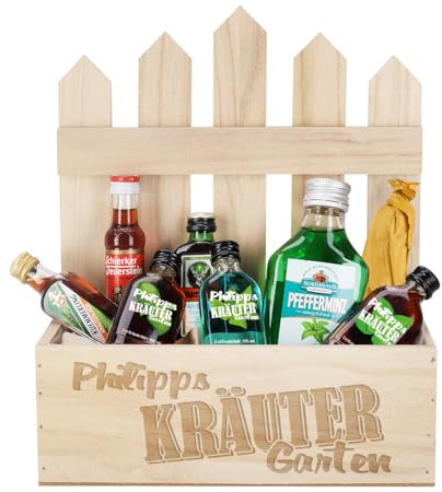 Herz & Heim® Personalisierte Holz-Geschenkbox mit Kräuterlikör – „Kräutergarten“ Motiv mit Wunschname – Verschiedene kleine Schnapsflaschen – Individuelles Geschenk für jeden Anlass