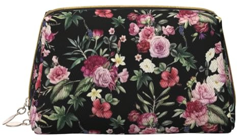 Bolsa de maquillaje de piel con cierre de cremallera y diseño de hojas de cártamo, White, Talla única