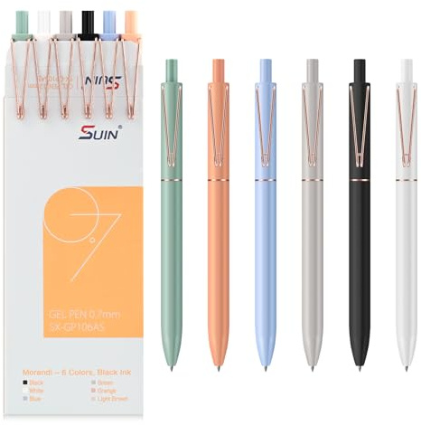 SUIN Premium Gel Pens - 6 Pack 0.7mm Black Ink, Medium Point Retractable Rollerball for Smooth Writing, Thoughtful Gift Set